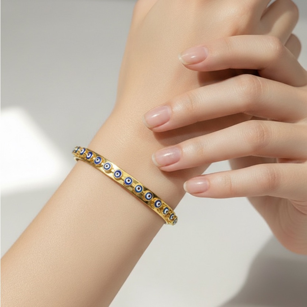 Elegant Gold Plated and Blue Evil Eye Bangle Bracelet